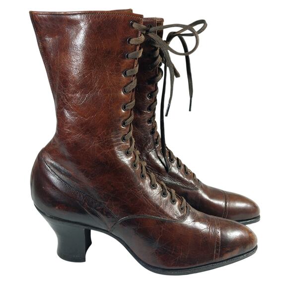 VINTAGE/ANTIQUE BROWN GENUINE LEATHER TURN OF THE LAST CENTURY BOOTS! SZ 5AA